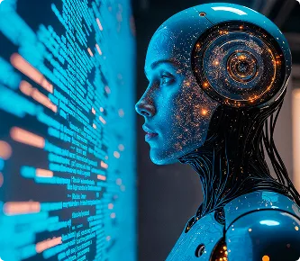 Cabeza de inteligencia artificial de perfil frente a líneas de código