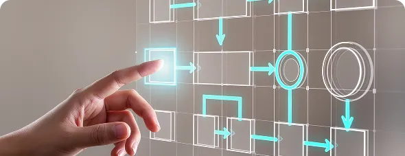 Mano tocando un diagrama de flujo digital que representa la toma de decisiones