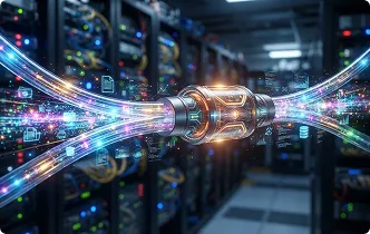 Cables de datos luminosos conectando servidores, símbolo de la integración entre sistemas