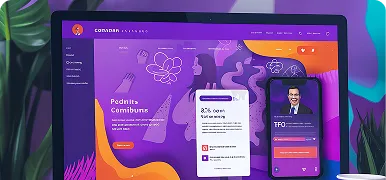 Portátil y móvil mostrando el diseño de una web con colores morados