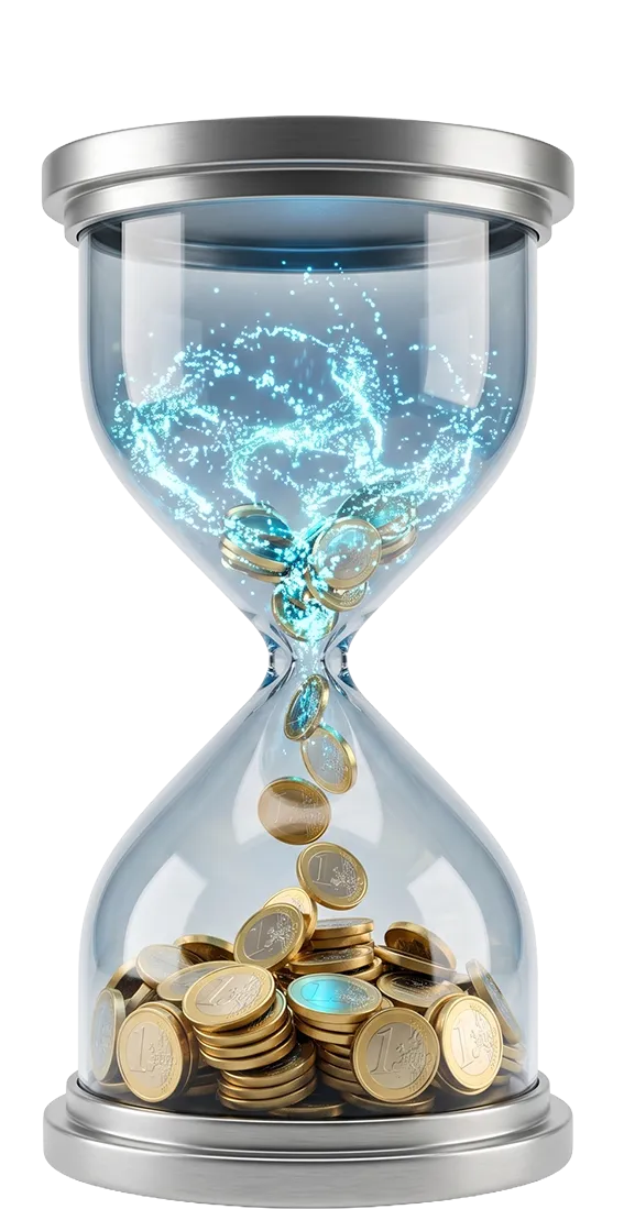 Reloj de arena lleno de monedas, símbolo del tiempo y el dinero que pierdes en tareas manuales