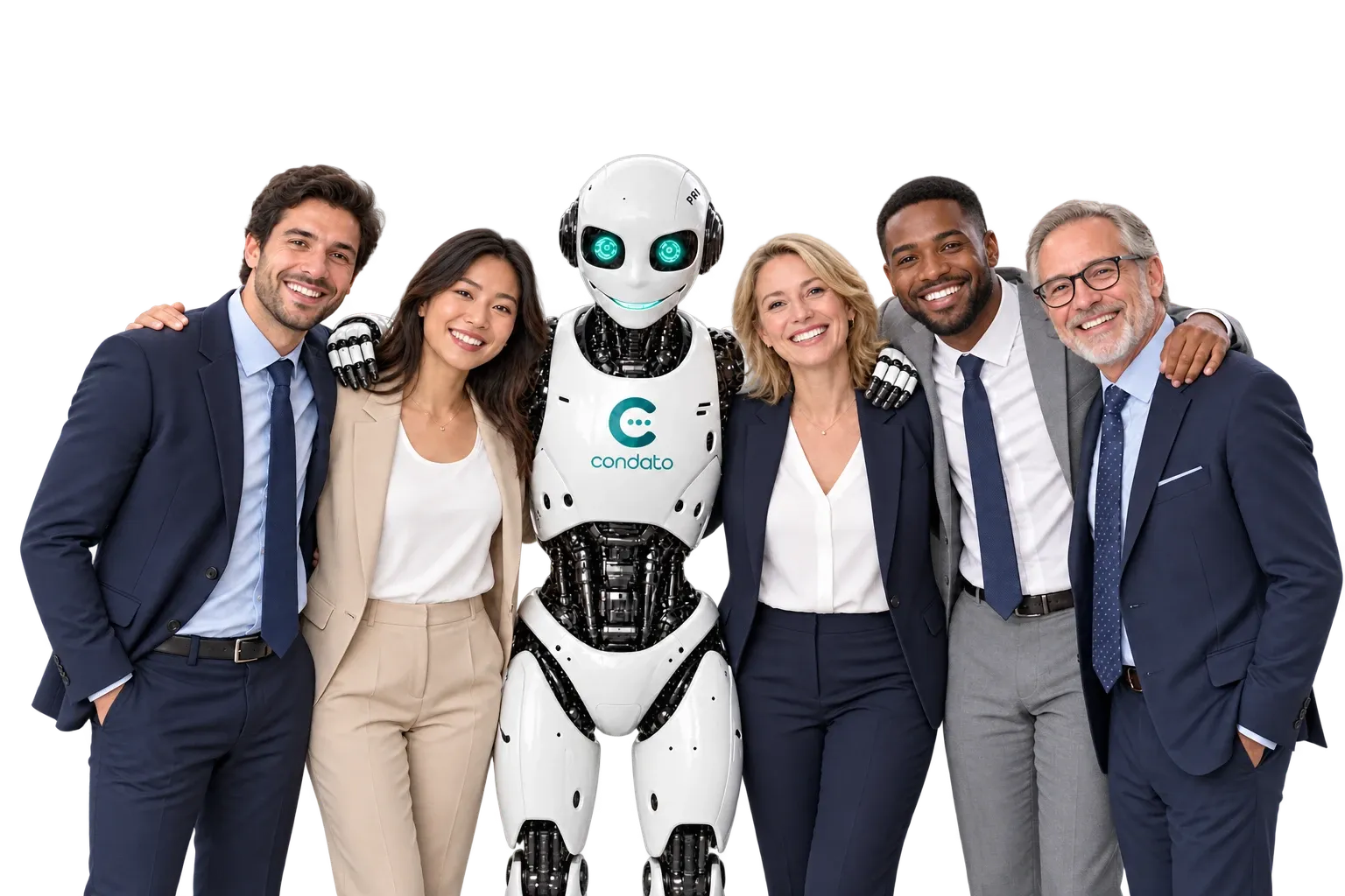 Equipo de profesionales abrazados junto a un robot con el logotipo de Condato