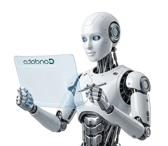 Robot de IA con una pantalla transparente mostrando un mensaje