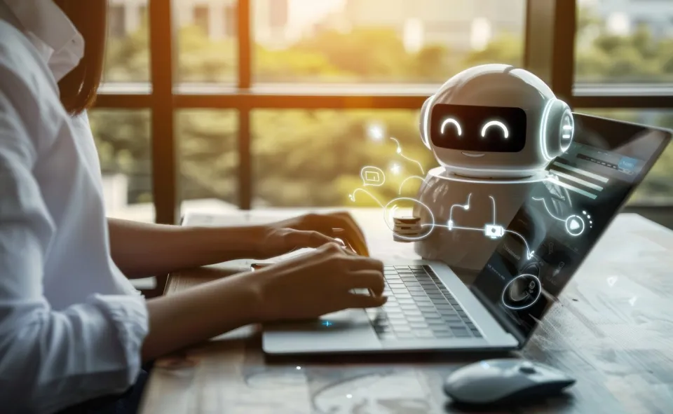 Pequeño asistente robot de inteligencia artificial ayudando a una trabajadora en su ordenador portátil en la oficina