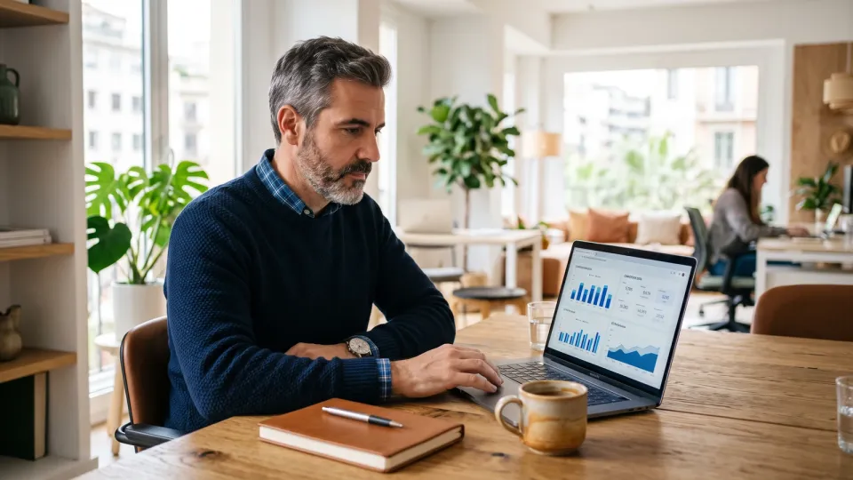 Empresario revisando la analítica de conversión y captación de clientes de su página web en una oficina de una pyme